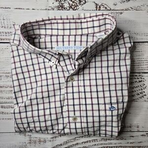 Men’s Southern Tide White Purple check Collared Shirt sz L
